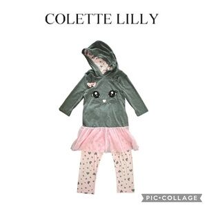 Colette Lilly Girls 2 piece cat hooded Tee leggings set pink gray hearts size 6